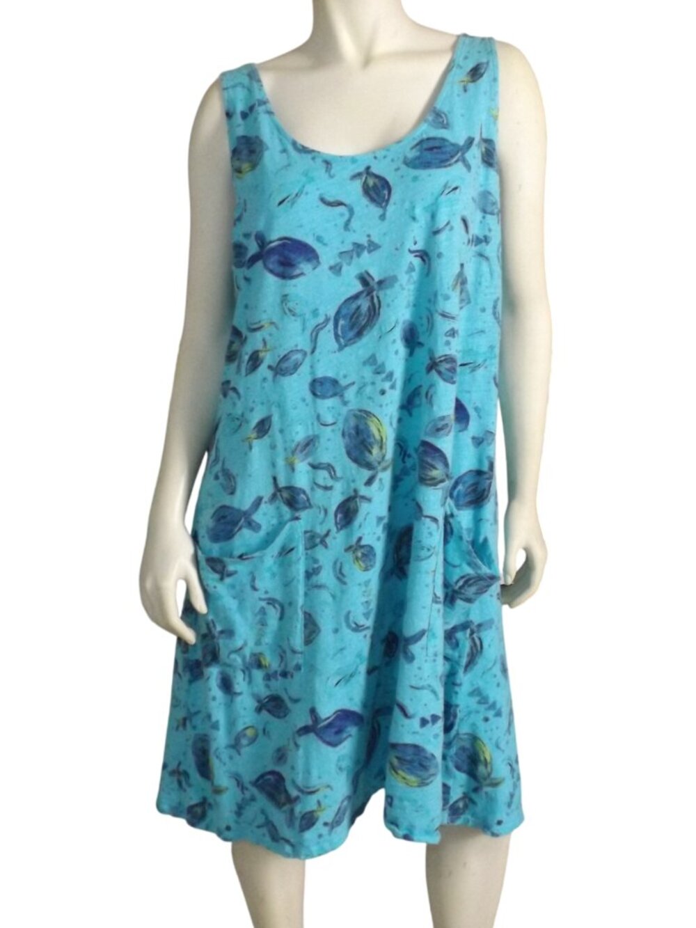 FRESH PRODUCE Dress, 1X, Fish print, Blue, Pockets, Tank style, Sleeveless